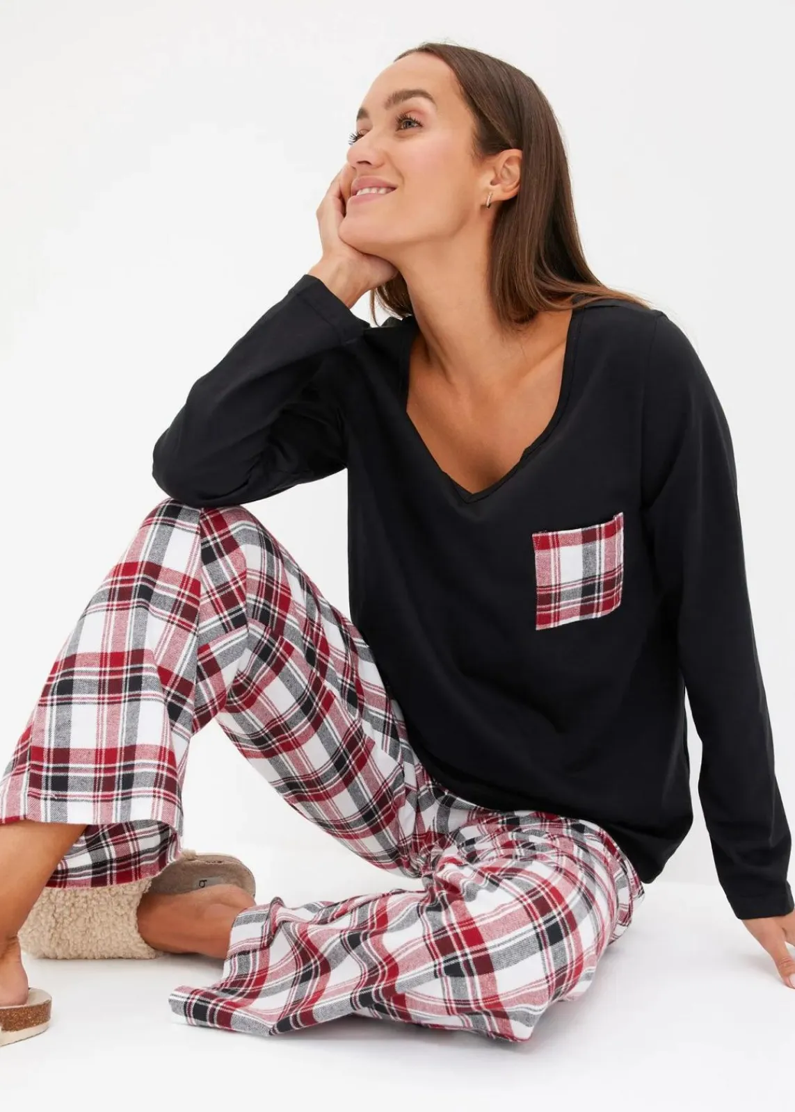 bonprix Wäsche·Nachtwäsche|Nachtwäsche^Pyjama mit Flanellhose schwarz/bordeaux kariert