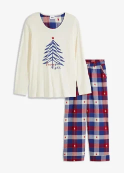 bonprix Wäsche·Nachtwäsche|Nachtwäsche^Pyjama mit Flanellhose naturbeige/dunkelrot kariert