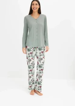 bonprix Wäsche·Nachtwäsche|Nachtwäsche^Pyjama mit Knopfleiste graugrün/naturmeliert geblümt