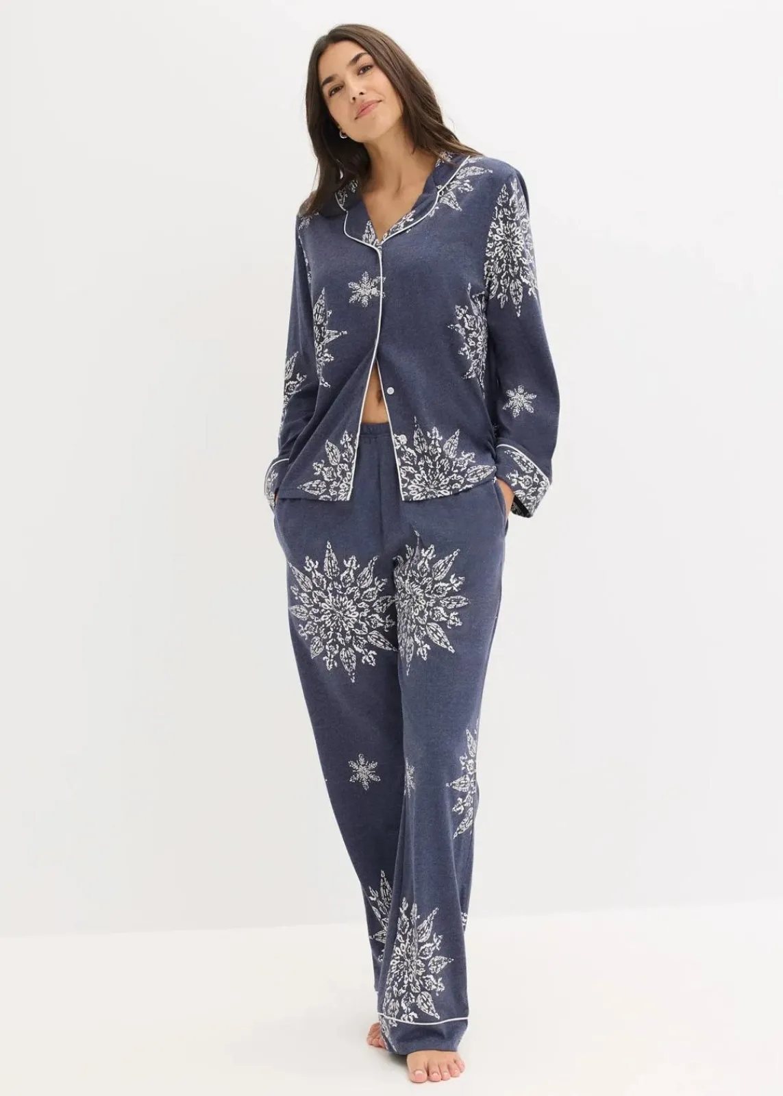 bonprix Wäsche·Nachtwäsche|Nachtwäsche^Pyjama mit Knopfleiste blau meliert/naturbeige bedruckt
