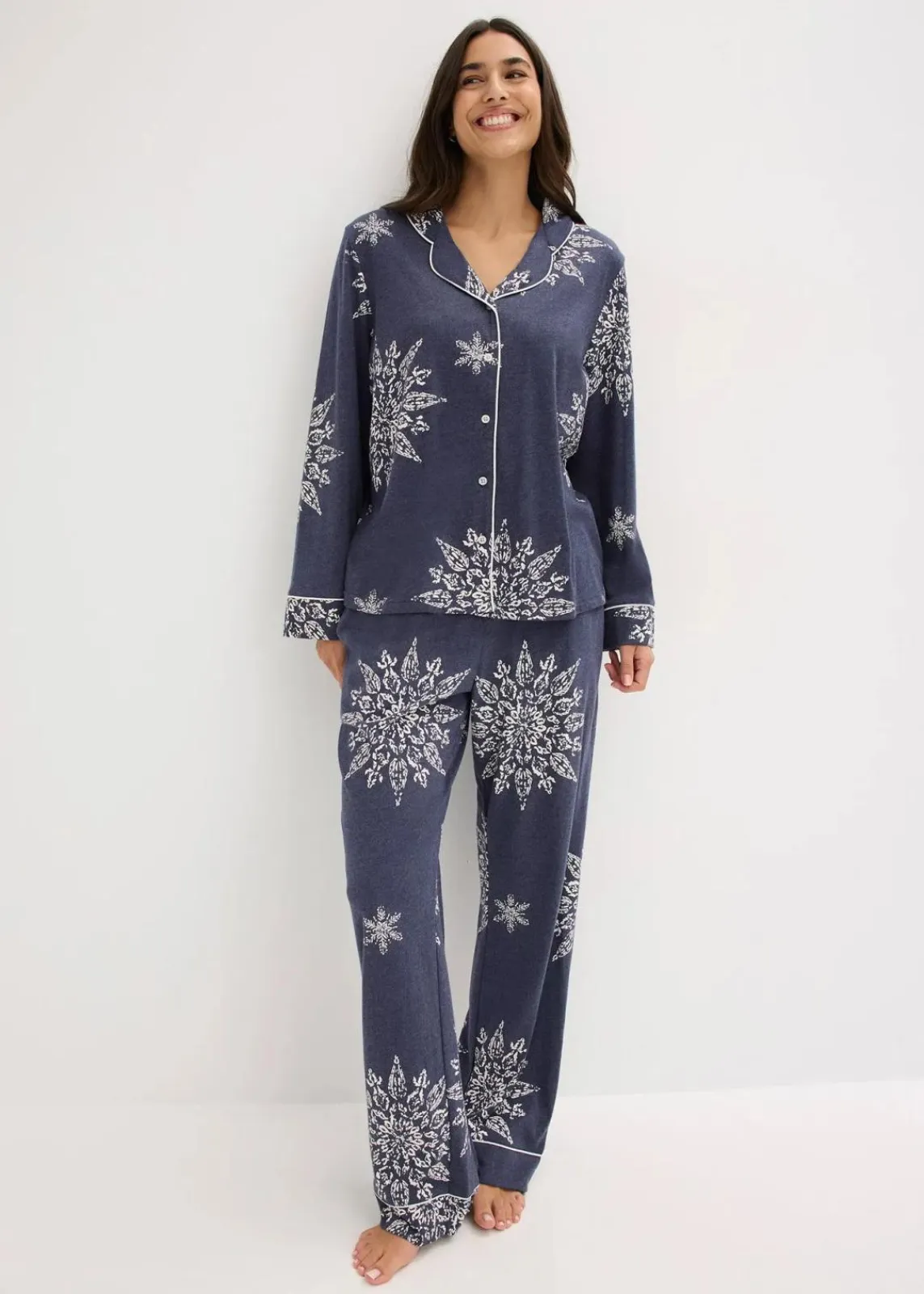 bonprix Wäsche·Nachtwäsche|Nachtwäsche^Pyjama mit Knopfleiste blau meliert/naturbeige bedruckt