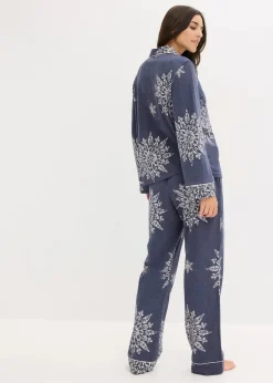 bonprix Wäsche·Nachtwäsche|Nachtwäsche^Pyjama mit Knopfleiste blau meliert/naturbeige bedruckt