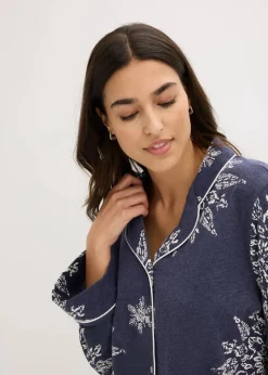 bonprix Wäsche·Nachtwäsche|Nachtwäsche^Pyjama mit Knopfleiste blau meliert/naturbeige bedruckt