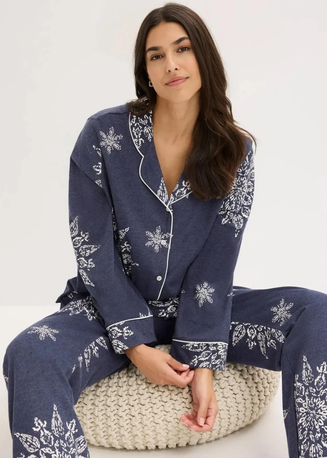 bonprix Wäsche·Nachtwäsche|Nachtwäsche^Pyjama mit Knopfleiste blau meliert/naturbeige bedruckt