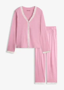 bonprix Wäsche·Nachtwäsche|Nachtwäsche^Pyjama mit Knopfleiste mauve/wollweiß
