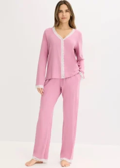 bonprix Wäsche·Nachtwäsche|Nachtwäsche^Pyjama mit Knopfleiste mauve/wollweiß