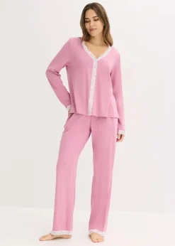 bonprix Wäsche·Nachtwäsche|Nachtwäsche^Pyjama mit Knopfleiste mauve/wollweiß