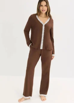 bonprix Nachhaltigere Materialien|Nachtwäsche^Pyjama mit Knopfleiste braun/wollweiß