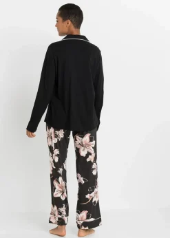bonprix Wäsche·Nachtwäsche|Nachtwäsche^Pyjama mit Knopfleiste schwarz geblümt