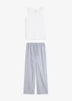 bonprix Wäsche·Nachtwäsche|Nachtwäsche^Pyjama mit Ripp Top und gewebter Hose weiß/jeansblau gestreift