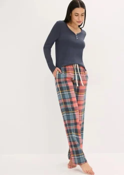 bonprix Wäsche·Nachtwäsche|Nachtwäsche^Pyjama mit Rippshirt und Flanellhose aus Glitzergarn nachtblau/rhabarber kariert