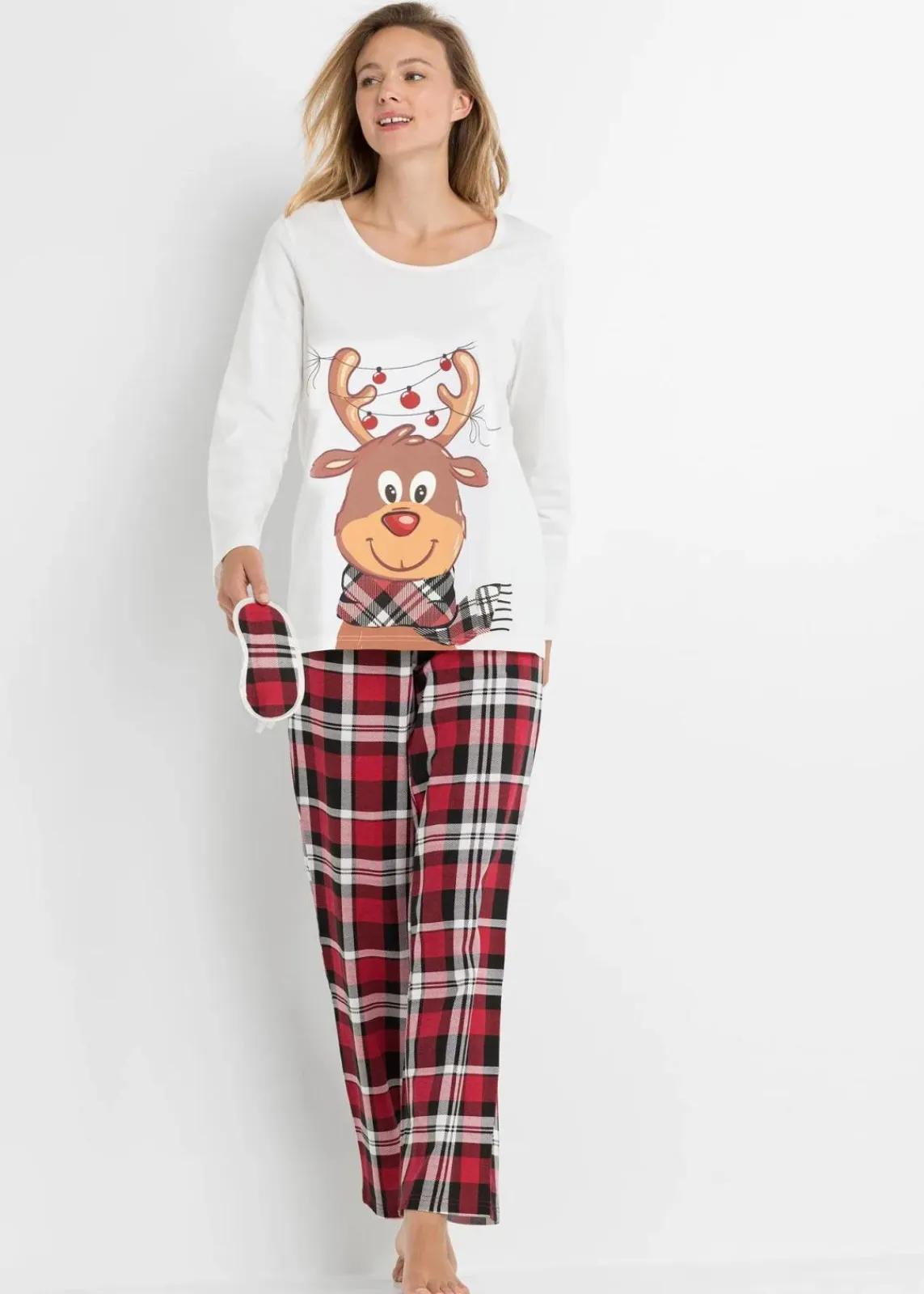 bonprix Wäsche·Nachtwäsche|Nachhaltigere Materialien^Pyjama mit Schlafmaske wollweiß kariert