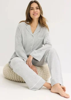 bonprix Wäsche·Nachtwäsche|Nachtwäsche^Pyjama mit Viskose und Knopfleiste hellgrau meliert/weiß