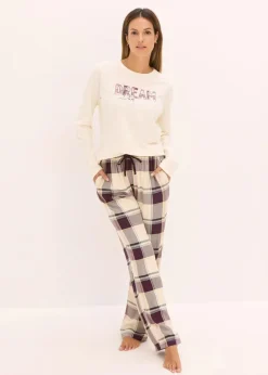 bonprix Wäsche·Nachtwäsche|Nachtwäsche^Pyjama mit weicher Webhose und Geschenktasche naturbeige/holunderbeere kariert