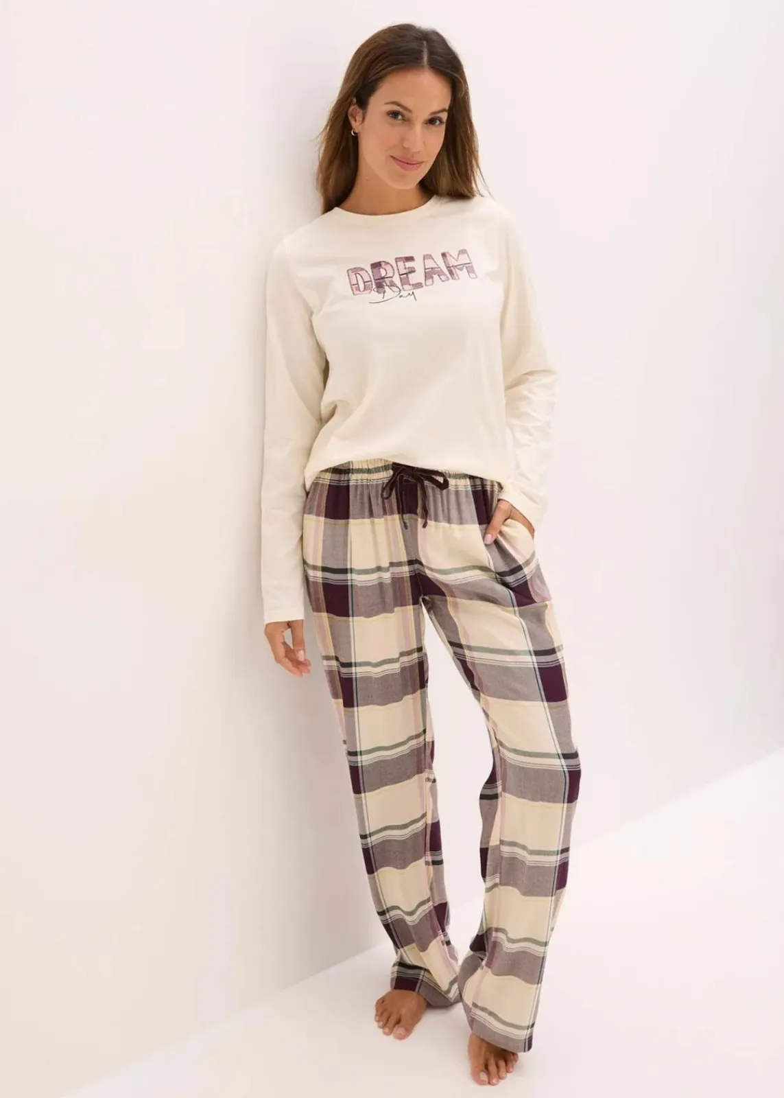 bonprix Wäsche·Nachtwäsche|Nachtwäsche^Pyjama mit weicher Webhose und Geschenktasche naturbeige/holunderbeere kariert