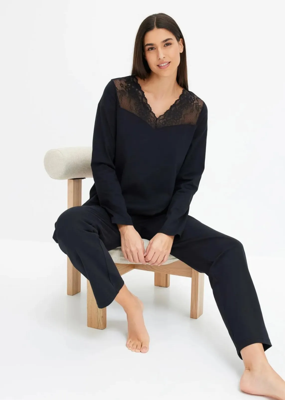 bonprix Wäsche·Nachtwäsche|Nachtwäsche^Pyjama mit zarter Spitze schwarz