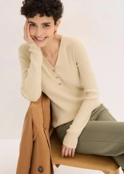 bonprix Pullover & Strickjacken|Strickmode^Rippenpullover mit Viskose hellsand