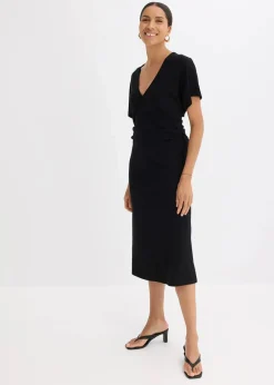 bonprix Kleider|Bekleidung·Pullover & Strickjacken^Rippkleid aus Jersey mit seitlicher Raffung schwarz