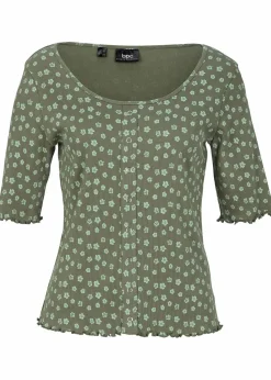 bonprix Shirts & Tops^Ripp-Shirt mit Blumendruck, Halbarm oliv geblümt