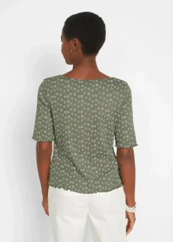 bonprix Shirts & Tops^Ripp-Shirt mit Blumendruck, Halbarm oliv geblümt