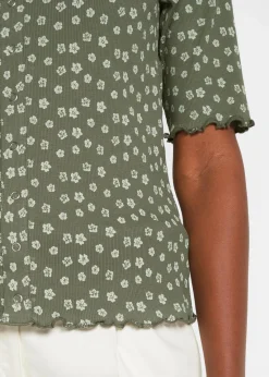 bonprix Shirts & Tops^Ripp-Shirt mit Blumendruck, Halbarm oliv geblümt