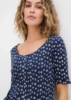 bonprix Shirts & Tops^Ripp-Shirt mit Blumendruck, Halbarm dunkelblau/wollweiß geblümt