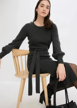 bonprix Kleider|Strickmode^Ripp-Strickkleid aus fließendem Viskose-Mix anthrazit meliert