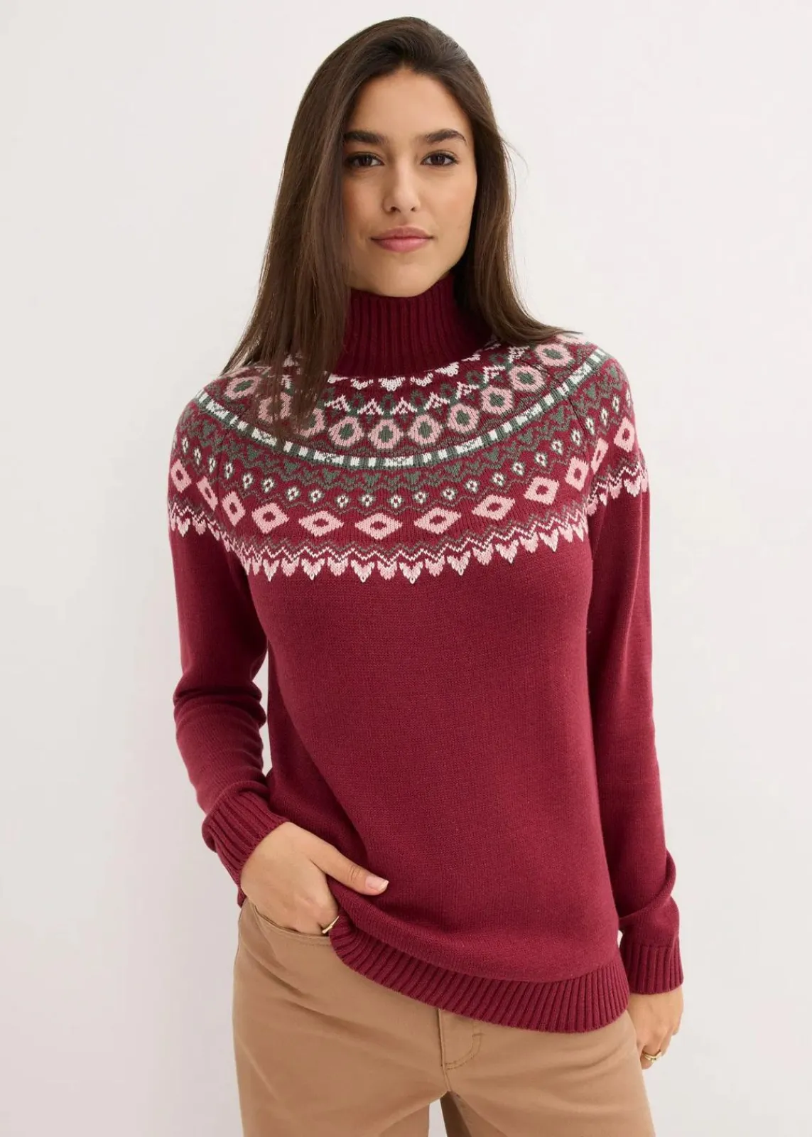 bonprix Bekleidung·Umstandsmode|Bekleidung·Jeans^Rollkragenpullover rhododendronrot norwegermuster