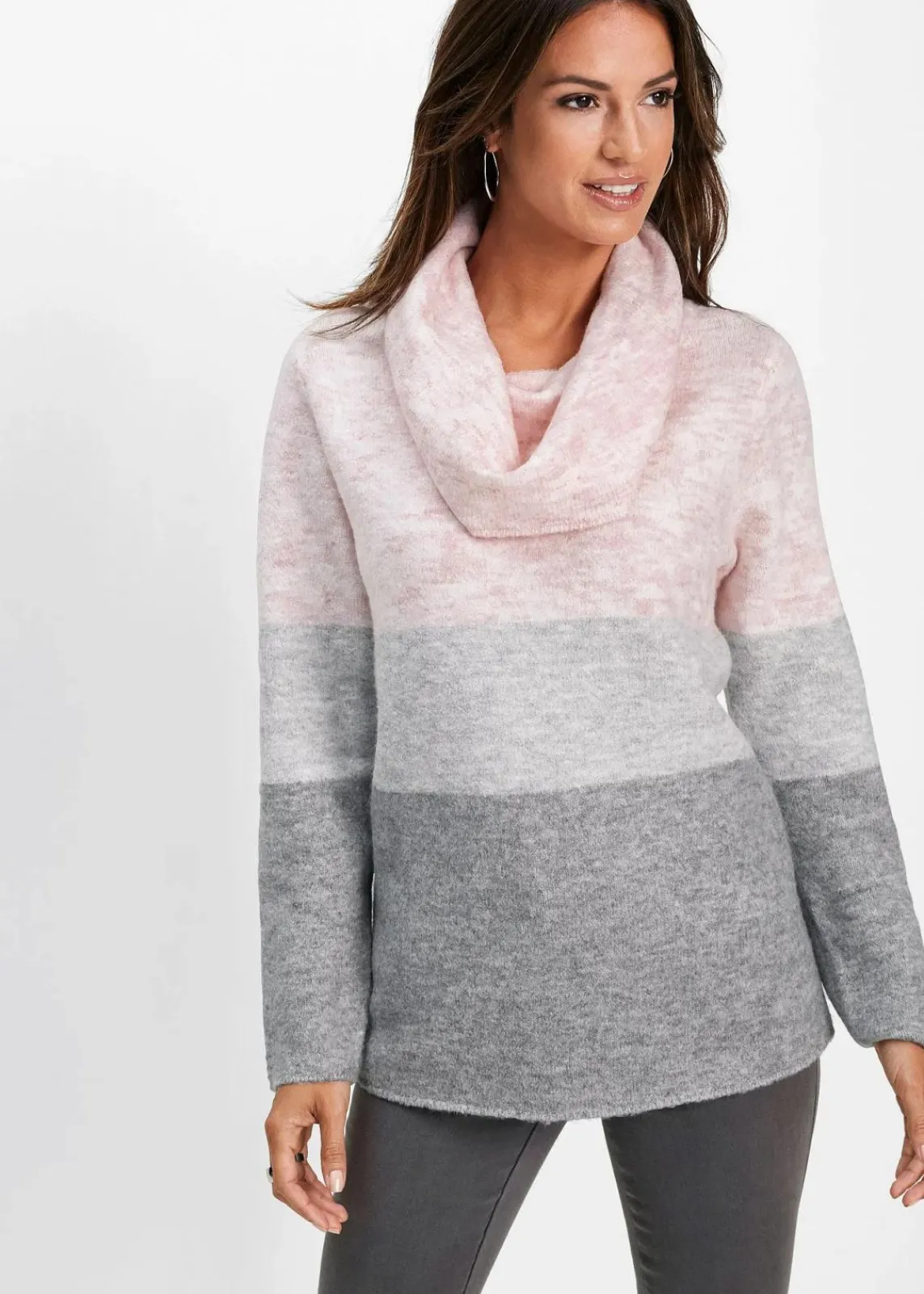 bonprix Bekleidung·Umstandsmode|Strickmode^Rollkragenpullover zartrosa/grau meliert gestreift