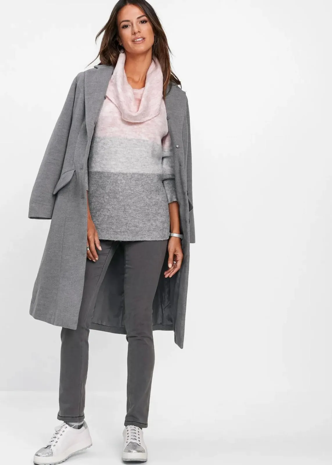 bonprix Bekleidung·Umstandsmode|Strickmode^Rollkragenpullover zartrosa/grau meliert gestreift