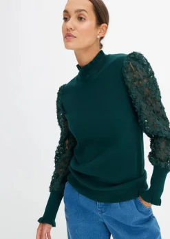 bonprix Bekleidung·Umstandsmode|Strickmode^Rollkragenpullover mit dekorativen Chiffonärmeln tiefgrün
