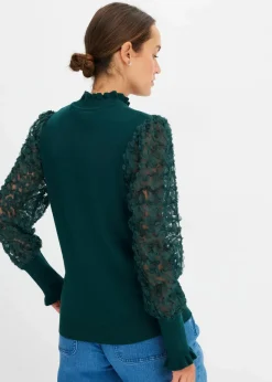bonprix Bekleidung·Umstandsmode|Strickmode^Rollkragenpullover mit dekorativen Chiffonärmeln tiefgrün
