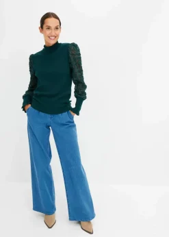 bonprix Bekleidung·Umstandsmode|Strickmode^Rollkragenpullover mit dekorativen Chiffonärmeln tiefgrün