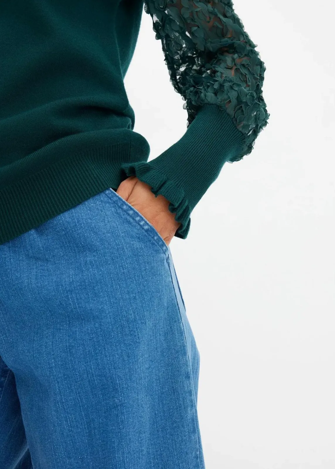 bonprix Bekleidung·Umstandsmode|Strickmode^Rollkragenpullover mit dekorativen Chiffonärmeln tiefgrün