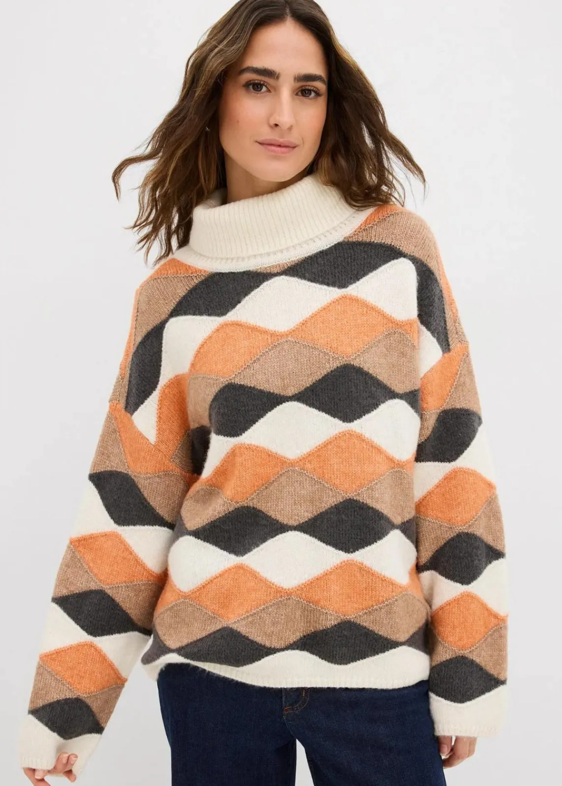 bonprix Bekleidung·Umstandsmode|Strickmode^Rollkragenpullover mit Muster natur/kupfer/camel/schiefergrau