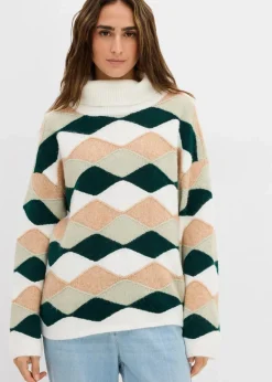 bonprix Bekleidung·Umstandsmode|Strickmode^Rollkragenpullover mit Muster wollweiß/cappuccino/seegras/tiefgrün