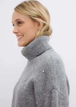 bonprix Pullover & Strickjacken|Strickmode^Rollkragenpullover mit Strasssteinen grau meliert