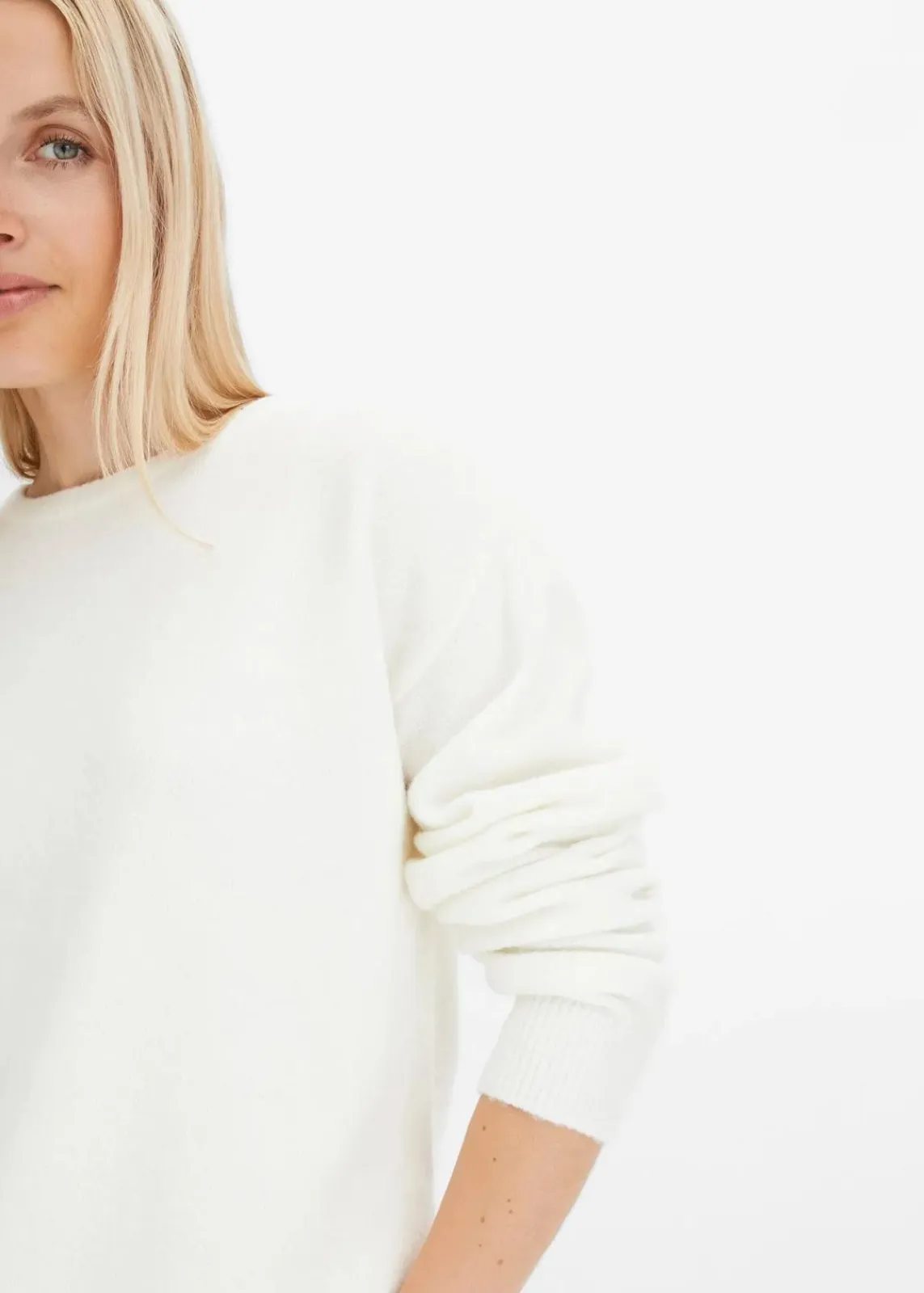 bonprix Bekleidung·Umstandsmode|Bekleidung·Jeans^Rundhalspullover mit überschnittener Schulter wollweiß