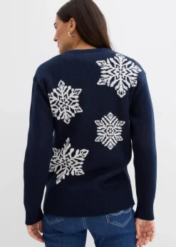bonprix Bekleidung·Umstandsmode|Bekleidung·Jeans^Rundhalspullover mit Schneeflocken dunkelblau/wollweiß