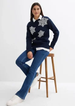 bonprix Bekleidung·Umstandsmode|Bekleidung·Jeans^Rundhalspullover mit Schneeflocken dunkelblau/wollweiß