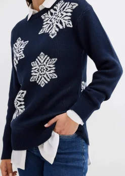bonprix Bekleidung·Umstandsmode|Bekleidung·Jeans^Rundhalspullover mit Schneeflocken dunkelblau/wollweiß