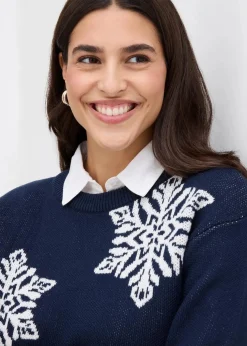 bonprix Bekleidung·Umstandsmode|Bekleidung·Jeans^Rundhalspullover mit Schneeflocken dunkelblau/wollweiß