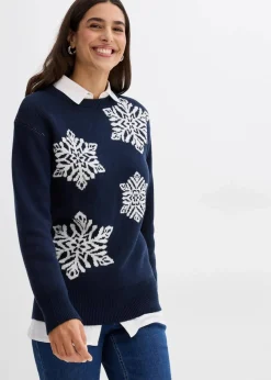bonprix Bekleidung·Umstandsmode|Bekleidung·Jeans^Rundhalspullover mit Schneeflocken dunkelblau/wollweiß