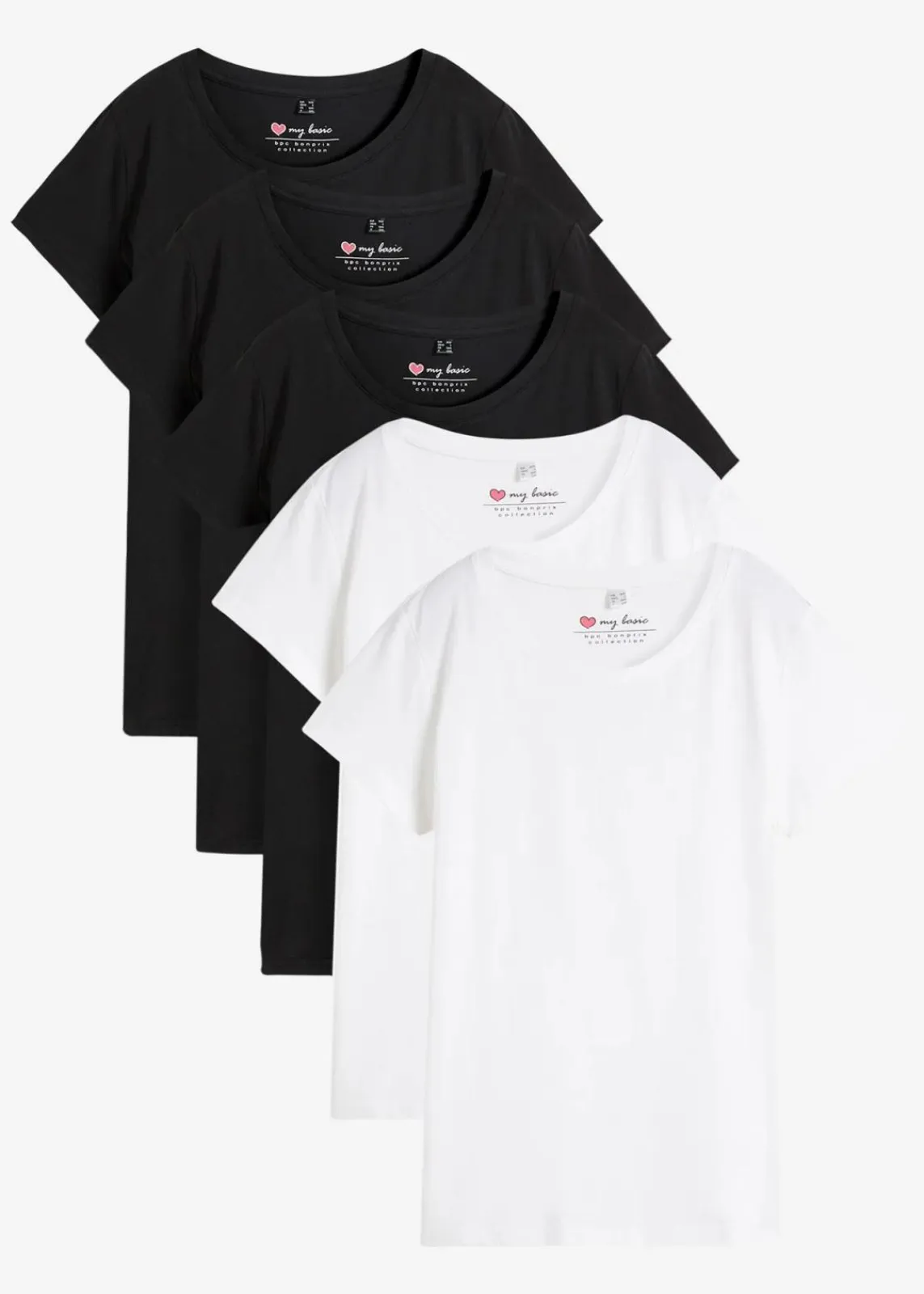 bonprix Bekleidung·Röcke|Basics^Rundhals-Shirt (5er-Pack) schwarz + schwarz + schwarz + weiß + weiß