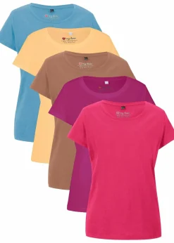 bonprix Shirts & Tops|Basics^Rundhals-Shirt (5er-Pack) dunkelpink+violettorchidee+hellblau+hellgelb+eiskaffee