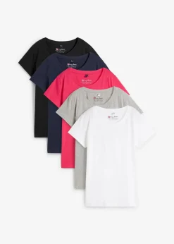 bonprix Shirts & Tops|Basics^Rundhals-Shirt (5er-Pack) hibiskuspink + hellgrau meliert + weiß + dunkelblau + schwarz