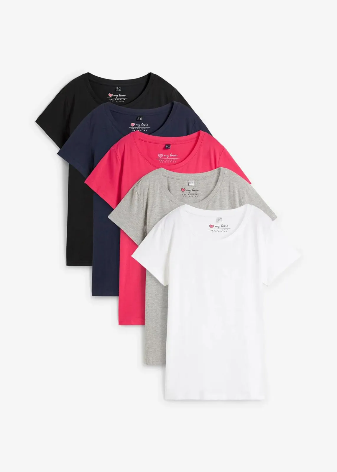 bonprix Shirts & Tops|Basics^Rundhals-Shirt (5er-Pack) hibiskuspink + hellgrau meliert + weiß + dunkelblau + schwarz