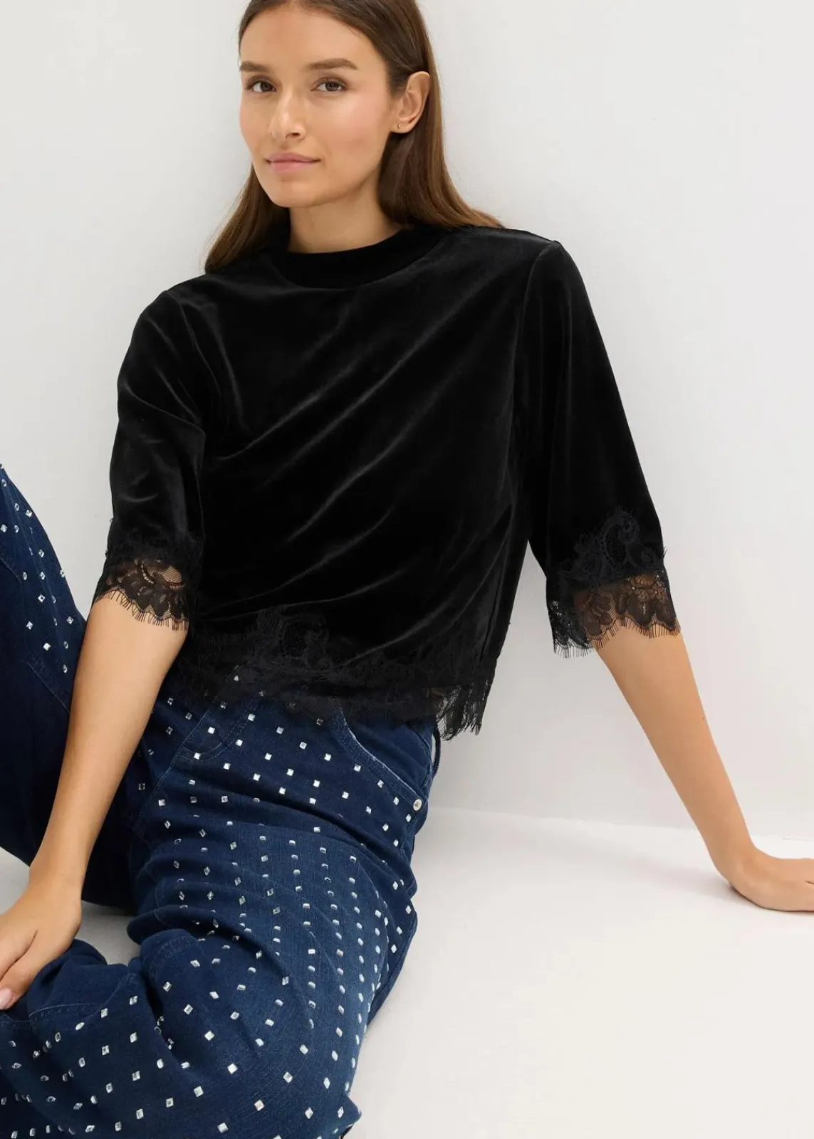 bonprix Shirts & Tops^Samtshirt mit Spitze schwarz