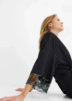 bonprix Wäsche·Dessous|Wäsche·Bademäntel^Satin Kimono mit Stickerei schwarz geblümt
