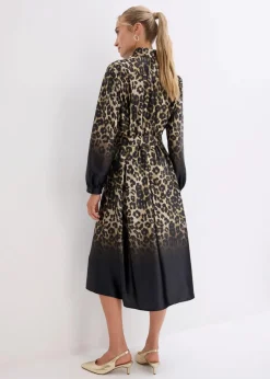 bonprix Bekleidung·Pullover & Strickjacken|Kleider^Satin-Hemdblusenkleid schwarz/sand leo bedruckt